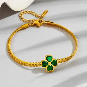 Stainless Steel Green Crystal Clover Bracelet Bangle