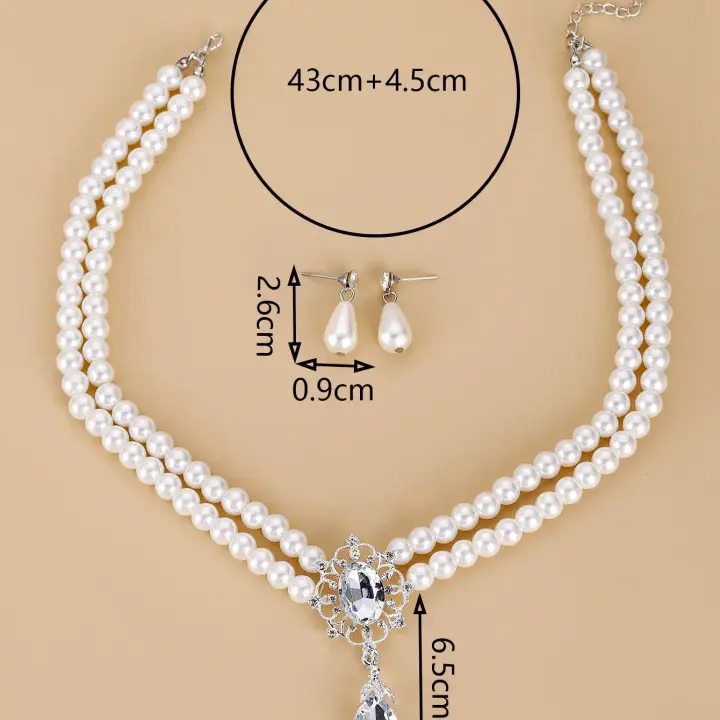 Elegant Rhinestone Pearl Drop Jewelry Set – Multilayer Flower Necklace & Earrings for Women
