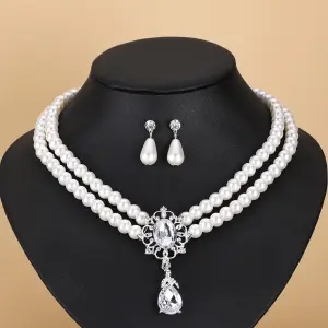 Elegant Rhinestone Pearl Drop Jewelry Set – Multilayer Flower Necklace & Earrings for Women