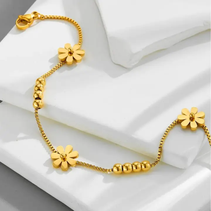Welding Fixation Beading Daisy Flowers Charm Anklets Chain For Women