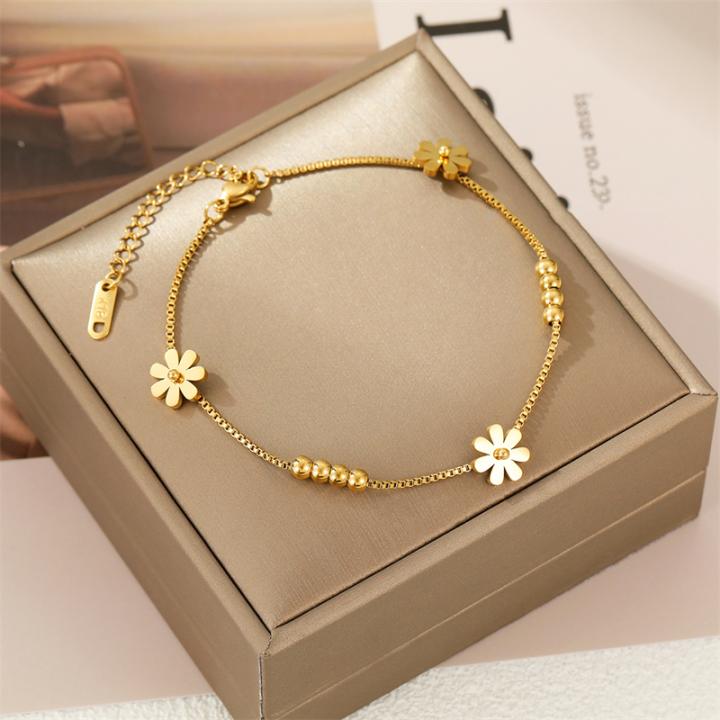 Welding Fixation Beading Daisy Flowers Charm Anklets Chain For Women